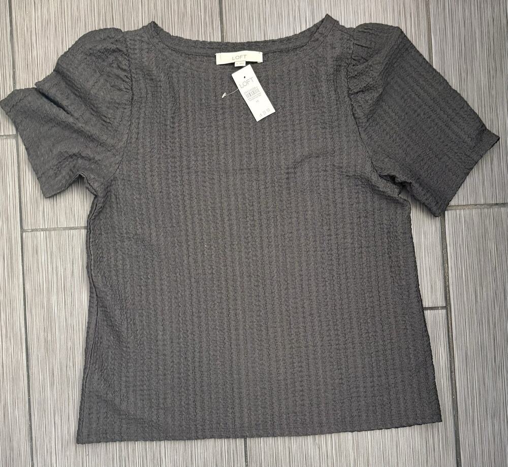 LOFT Short Puff Sleeve Textured Top Size Medium Dark Olive Green Boat Neck